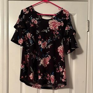 Floral Ruffle Sleeve Blouse - Black and Pink